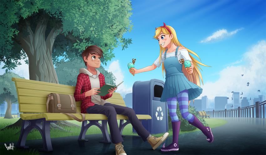 1boy 1girl bag blonde_hair blue_eyes book brown_eyes brown_hair couple female ice_cream male marco_diaz star_butterfly star_vs_the_forces_of_evil