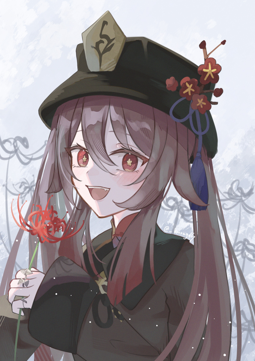 1girl absurdres blush brown_hair chinese_clothes flower flower-shaped_pupils genshin_impact hat hat_ornament highres hu_tao_(genshin_impact) jewelry kurage_67 long_hair long_sleeves looking_at_viewer open_mouth plum_blossoms porkpie_hat red_eyes red_shirt ring shirt sidelocks simple_background symbol-shaped_pupils white_background