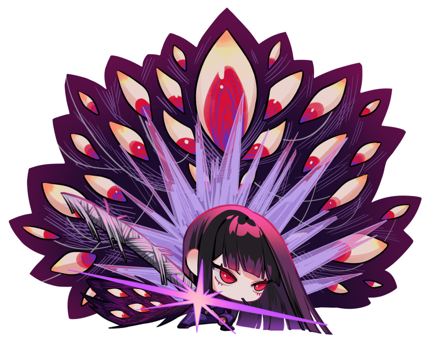 1girl absurdres black_hair cape chibi cigarette closed_mouth e.g.o_(project_moon) extra_eyes fighting_stance glint highres jacket limbus_company long_hair long_sleeves pants project_moon purple_cape purple_jacket purple_pants red_eyes ryoshu_(limbus_company) sheath simple_background solo spider_bud szztzzs unsheathing very_long_hair white_background