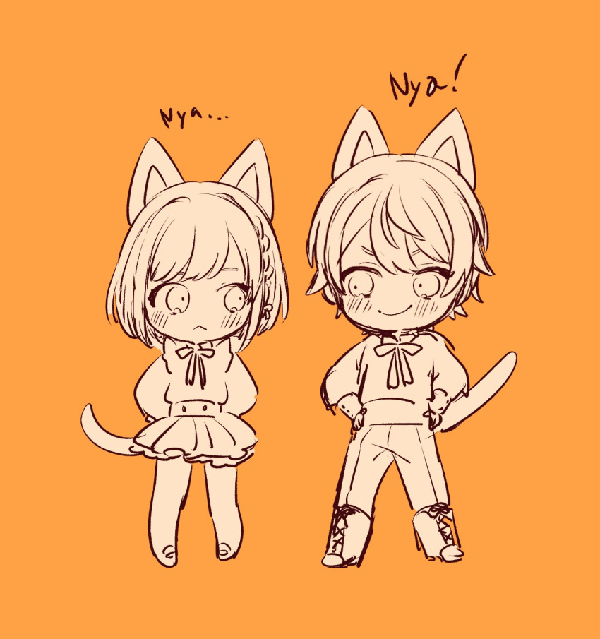 1boy 1girl :&lt; animal_ears blush boots braid brother_and_sister buttoned_cuffs cat_ears cat_tail chibi closed_mouth collared_shirt cross-laced_footwear double-parted_bangs frown full_body greyscale_with_colored_background hands_on_own_hips high-waist_skirt highres lace-up_boots legs_apart lineart long_sleeves looking_at_another looking_to_the_side neck_ribbon orange_background orange_hair pants pants_tucked_in poppu_usagi project_sekai ribbon shinonome_akito shinonome_ena shirt short_hair siblings side_braid simple_background single_braid sketch skirt smile swept_bangs tail
