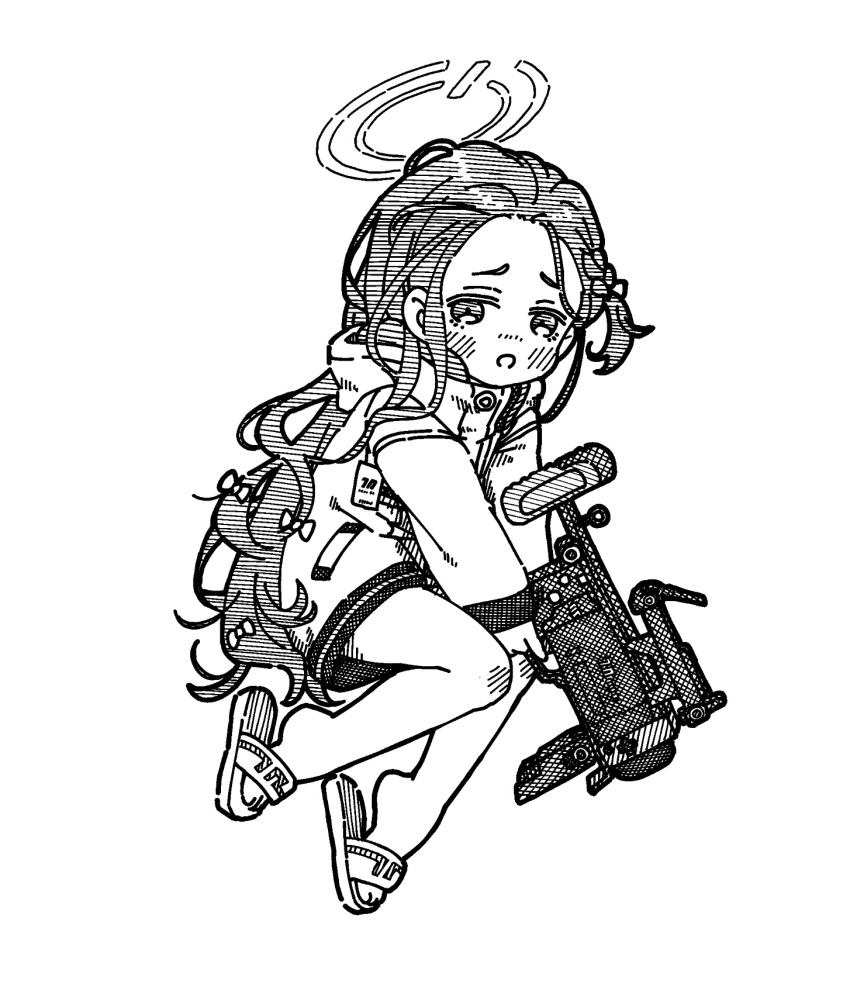 1girl :o bare_legs blue_archive blush bow braid coat commentary full_body ganbarutoufu grenade_launcher gun hair_bow halo hatching_(texture) highres holding holding_gun holding_weapon linear_hatching long_hair long_sleeves looking_at_viewer m320 messy_hair midair monochrome no_pants sandals solo weapon white_background yuzu_(blue_archive)