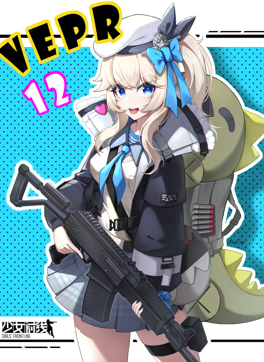 1girl absurdres beret black_jacket blonde_hair blue_bow blue_eyes bow breasts character_name copyright_name cowboy_shot girls_frontline grey_skirt gun hair_bow hat highres holding holding_gun holding_weapon jacket long_hair long_sleeves looking_at_viewer medium_breasts miniskirt nauc4338 open_clothes open_jacket open_mouth plaid plaid_skirt pleated_skirt shotgun side_ponytail skirt smile solo standing thigh_strap vepley_(girls'_frontline_2) vepr-12 weapon white_headwear
