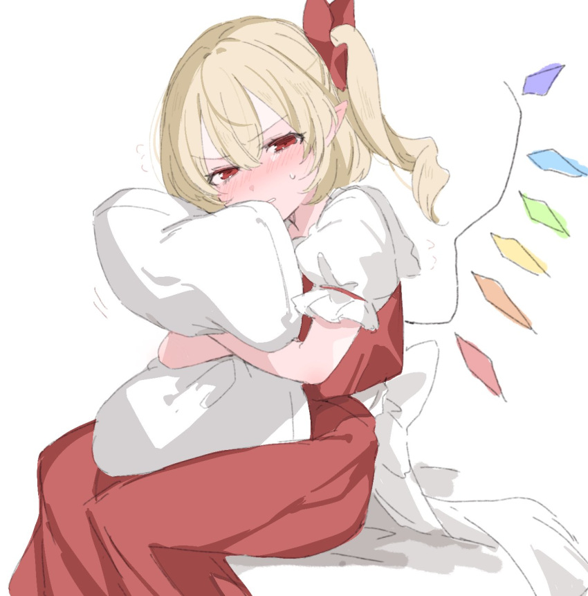 1girl blonde_hair blush closed_mouth crystal flandre_scarlet hair_between_eyes hair_ribbon highres holding holding_pillow looking_at_viewer no_headwear paragasu_(parags112) pillow puffy_short_sleeves puffy_sleeves red_eyes red_ribbon red_skirt ribbon short_sleeves side_ponytail simple_background sitting skirt solo touhou white_background wings