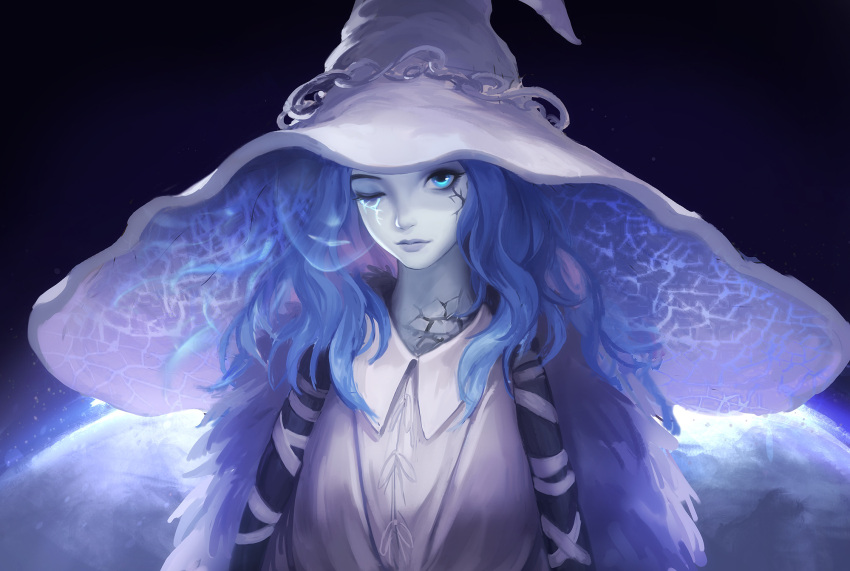 1girl blue_dress blue_eyes blue_hair blue_headwear blue_robe blue_skin cloak colored_skin cracked_skin dress elden_ring extra_arms extra_faces eyes_visible_through_headwear facial_mark fur_cloak ghost glowing_tattoo hat highres looking_at_viewer moya_(artstation) one_eye_closed ranni's_dark_moon ranni_the_witch robe wide_brim witch witch_hat