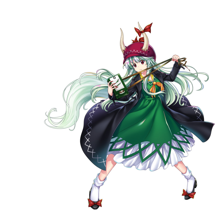 1girl black_coat black_footwear bow cabbie_hat closed_mouth coat dress ex-keine fingernails footwear_bow full_body game_cg green_dress green_hair hat highres holding horn_bow horn_ornament horns horns_through_headwear kamishirasawa_keine kamishirasawa_keine_(kaiju_of_rumors_and_speculation) long_fingernails long_hair multicolored_hair neckerchief open_clothes open_coat orange_neckerchief red_bow red_eyes red_headwear red_nails rotte_(1109) sharp_fingernails simple_background socks solo third-party_source touhou touhou_lost_word two-tone_hair v-shaped_eyebrows very_long_hair white_background white_hair white_socks