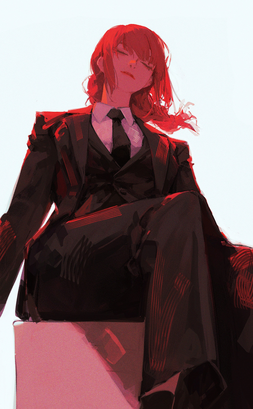 1girl 96yottea absurdres black_jacket black_necktie black_pants black_vest chainsaw_man closed_eyes collared_shirt highres jacket makima_(chainsaw_man) medium_hair necktie pants redhead shirt shirt_tucked_in simple_background sitting solo suit suit_jacket vest white_background white_shirt