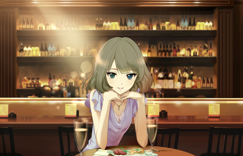 1girl alcohol blue_eyes blurry blurry_background blush breasts closed_mouth collarbone cup depth_of_field dress drinking_glass food game_cg grey_hair hands_up idolmaster idolmaster_cinderella_girls idolmaster_cinderella_girls_starlight_stage indoors jewelry leaning_forward lens_flare looking_at_viewer medium_hair mole mole_under_eye necklace official_art parted_bangs purple_dress restaurant sitting small_breasts smile solo sparkle takagaki_kaede upper_body