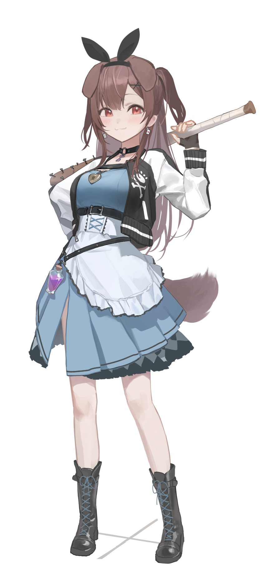 1girl :3 absurdres animal_ears baseball_bat black_choker black_footwear black_gloves blush boots breasts brown_hair choker cross-laced_footwear dog_ears dog_girl dog_tail dress earrings fingerless_gloves full_body gloves highres holding holding_baseball_bat hololive inugami_korone jacket jewelry lace-up_boots logknn long_hair long_sleeves looking_at_viewer nail nail_bat necklace red_eyes simple_background solo standing tail virtual_youtuber white_background