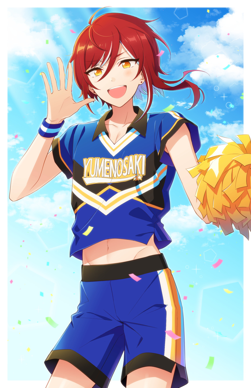 1boy absurdres asymmetrical_hair border clouds collared_shirt commentary_request confetti earrings ensemble_stars! hair_between_eyes highres holding holding_pom_poms jewelry li_(rkce2433) male_focus midriff_peek multicolored_hair navel open_mouth orange_eyes outside_border outstretched_hand pom_pom_(cheerleading) redhead sakasaki_natsume shirt short_hair short_sleeves shorts solo streaked_hair stud_earrings teeth two-tone_hair upper_teeth_only white_border white_hair