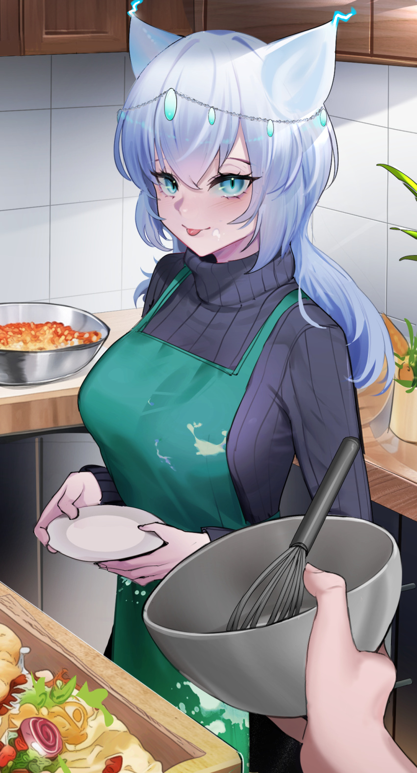 1girl animal_ears apron azur_lane blue_eyes blue_hair breasts commission cooking enforcer_vi_combination_(azur_lane) highres kitchen large_breasts looking_at_viewer pov siren_(azur_lane) smile sweater tongue tongue_out turtleneck turtleneck_sweater zeragoes