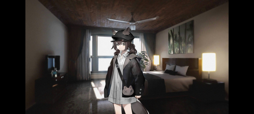 1girl animal_ears arknights bed bedroom black_headwear brown_coat brown_eyes brown_hair ceiling_fan child coat coin_purse curtains dress ears_through_headwear extra_ears game_screenshot highres ingsae nightstand open_clothes open_coat rubio's_daughter_(arknights) tail white_dress window wolf_ears wolf_girl wolf_tail