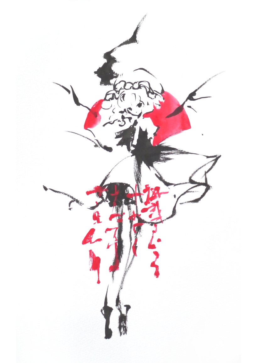 1girl greyscale hat highres ikeda_ruriko looking_at_viewer mob_cap monochrome moon painting_(medium) red_moon remilia_scarlet skirt solo touhou traditional_media white_background wings
