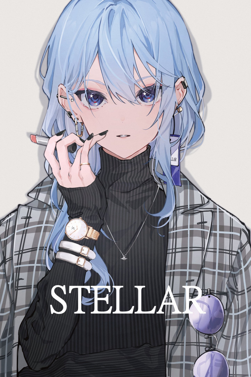 1girl black_sweater blue_eyes blue_hair cosmetics ear_piercing earrings english_text eyewear_on_clothing fingernails grey_background grey_jacket highres holding holding_lipstick_tube hololive hoshimachi_suisei jacket jewelry lipstick_tube long_fingernails long_hair mirai99 multiple_wristbands necklace parted_lips piercing plaid plaid_jacket purple-tinted_eyewear ribbed_sweater ring sidelocks simple_background sleeves_past_wrists solo star_(symbol) star_in_eye straight-on sunglasses sweater swept_bangs symbol_in_eye tinted_eyewear turtleneck turtleneck_sweater upper_body virtual_youtuber watch watch