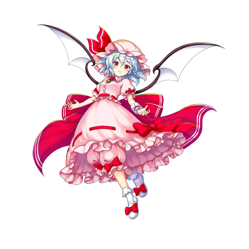 1girl bat_wings bloomers blue_hair bow closed_mouth embodiment_of_scarlet_devil fang footwear_bow full_body game_cg hair_ribbon hat highres light_blue_hair looking_at_viewer mob_cap petticoat pink_headwear pink_shirt pink_skirt red_bow red_eyes red_ribbon remilia_scarlet ribbon rotte_(1109) shirt short_hair short_sleeves simple_background single_wrist_cuff skirt solo third-party_source touhou touhou_lost_word underwear white_background white_footwear wings wrist_cuffs