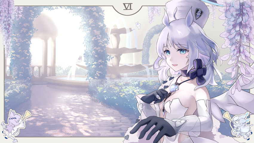 1girl aein arbiter_the_lovers_vi_(azur_lane) azur_lane bad_source blue_eyes breasts commission fountain garden gloves hat highres jewelry long_sleeves necklace outdoors pov purple_hair ring short_hair siren_(azur_lane) skeb_commission small_breasts smile wings