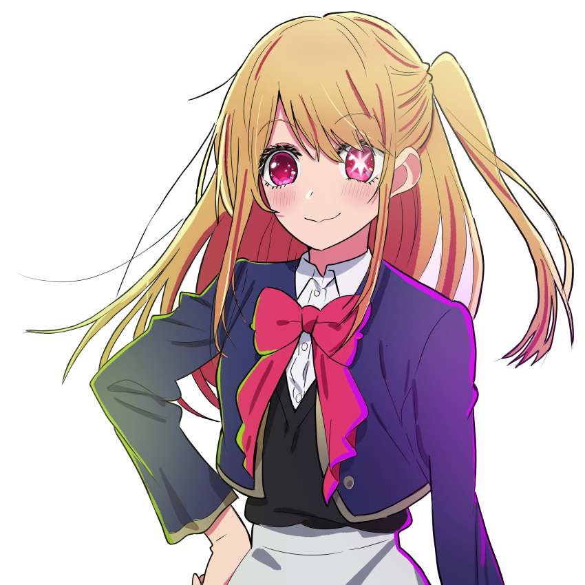 1girl absurdres black_sweater_vest blonde_hair blue_jacket blush bow bowtie closed_mouth collared_shirt commentary_request cowboy_shot cropped_jacket dress_shirt eastman floating_hair grey_skirt hair_between_eyes hand_on_own_hip highres hoshino_ruby jacket long_hair long_sleeves making-of_available no_pupils one_side_up open_clothes open_jacket oshi_no_ko pink_bow pink_bowtie pink_eyes school_uniform shadow shirt sidelocks simple_background skirt smile solo star-shaped_pupils star_(symbol) sweater_vest symbol-shaped_pupils white_background white_shirt youtou_high_school_uniform