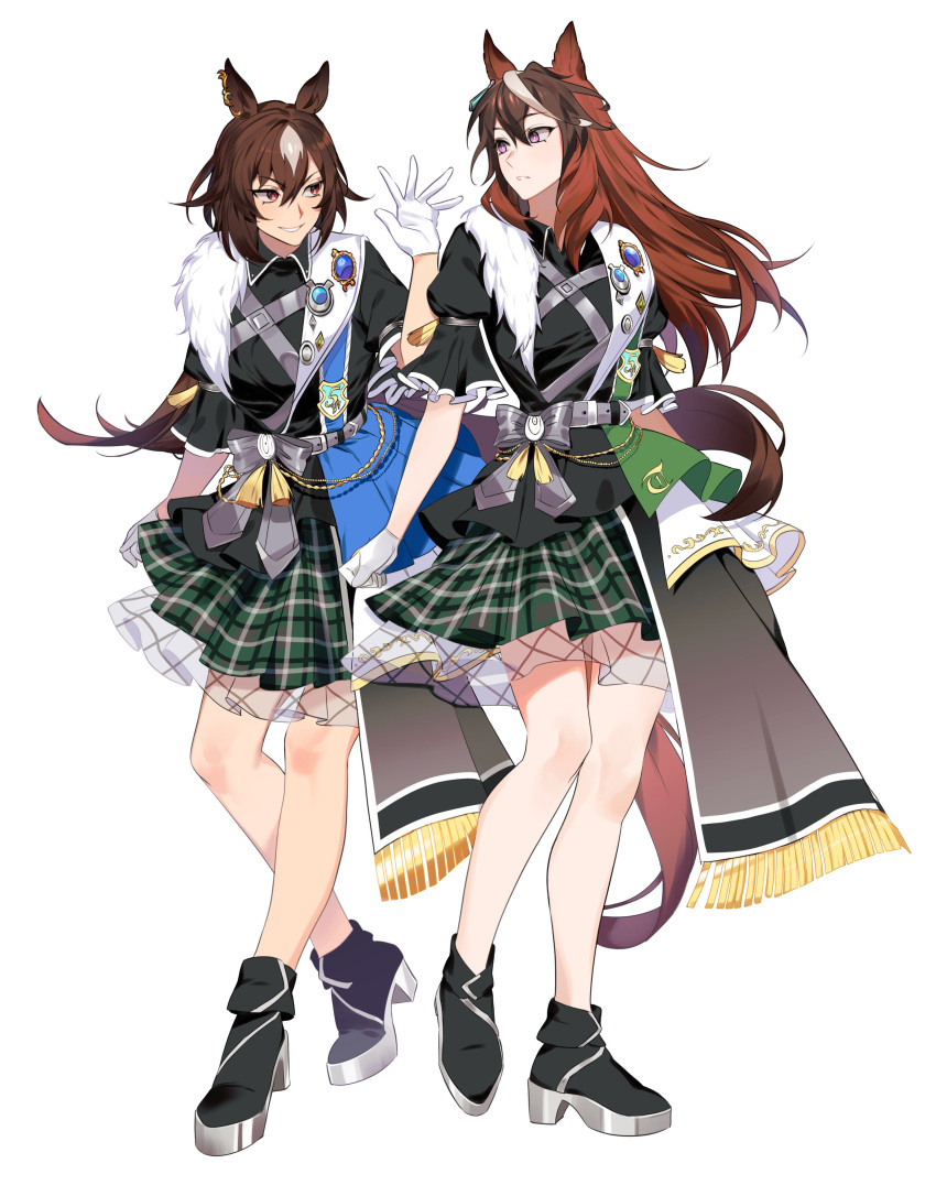 2girls absurdres animal_ears belt black_footwear black_jacket black_shirt boots bow breasts brooch brown_hair collared_shirt full_body gloves green_skirt grey_bow hand_up high_heel_boots high_heels highres horse_ears horse_girl horse_tail jacket jewelry korean_commentary layered_skirt long_hair looking_at_another multicolored_hair multiple_girls open_mouth plaid plaid_skirt platform_footwear red_eyes shirt short_sleeves simple_background sirius_symboli_(umamusume) skirt small_breasts smile standing streaked_hair symboli_rudolf_(umamusume) tail tassel ukka_(0ukka_) umamusume violet_eyes white_background white_gloves