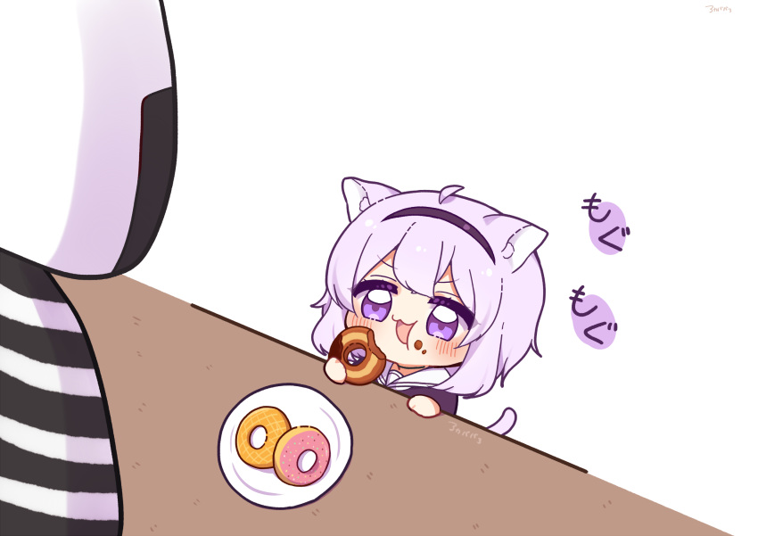 0725akaba 1girl 1other ahoge animal_ear_fluff animal_ears black_hairband black_shirt blush cat_ears cat_girl cat_tail chibi commentary_request doughnut eating food food_on_face hairband highres holding holding_food hololive nekomata_okayu onigirya_(nekomata_okayu) open_mouth prison_clothes purple_hair sailor_collar shirt signature simple_background solo_focus striped striped_shirt tail translation_request upper_body v-shaped_eyebrows violet_eyes virtual_youtuber white_background white_sailor_collar