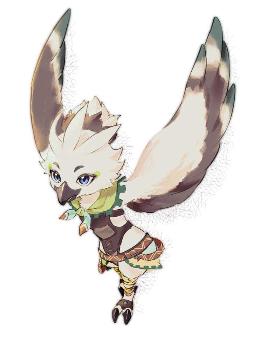 1boy absurdres animal_feet arms_up bandana beak belt bird_boy bird_legs blue_eyes body_fur brown_fur brown_hair brown_leotard child claws commentary_request feathered_wings full_body furry furry_male green_bandana highres katamuki leotard male_child male_focus multicolored_hair multicolored_wings open_mouth outstretched_arms partial_commentary rito short_hair simple_background solo the_legend_of_zelda the_legend_of_zelda:_tears_of_the_kingdom tulin_(zelda) two-tone_fur two-tone_hair white_background white_fur white_hair winged_arms wings