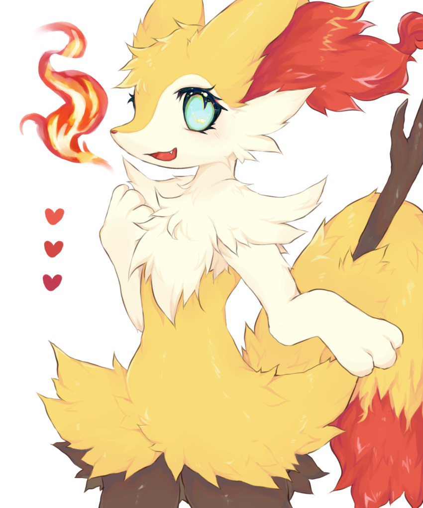 1girl :3 absurdres animal_ear_fluff animal_ears animal_hands animal_nose black_fur blue_eyes blush body_fur braixen commentary cowboy_shot english_commentary fang fire flat_chest fox_ears fox_girl fox_tail furry furry_female hand_on_own_chest hand_up happy heart highres light_blush looking_at_viewer multicolored_fur neck_fur open_mouth pokemon pokemon_(creature) sideways_mouth simple_background smile snout solo standing stick tail torapuff white_background white_fur yellow_fur