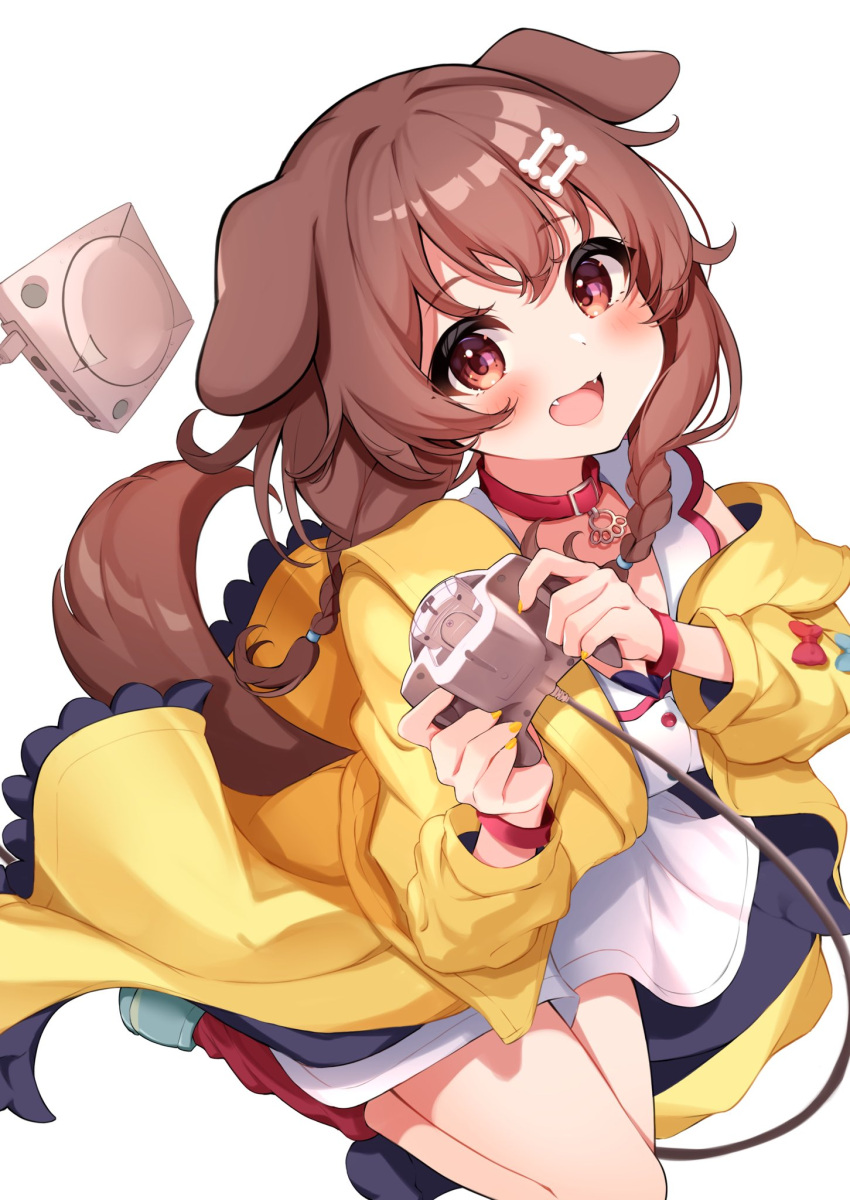 1girl :d animal_collar animal_ears blush bone_hair_ornament bracelet braid brown_eyes brown_hair collar controller dog_ears dog_girl dog_tail dress fangs game_console game_controller hair_between_eyes hair_ornament hairclip highres holding holding_controller holding_game_controller hololive inugami_korone inugami_korone_(1st_costume) jacket jewelry long_hair looking_at_viewer loose_socks low_twin_braids off_shoulder open_clothes open_jacket open_mouth paid_reward_available red_collar red_socks sega_dreamcast shoes short_dress simple_background sleeveless sleeveless_dress smile sneakers socks solo tail takumin_dx twin_braids twintails virtual_youtuber white_background white_dress yellow_jacket