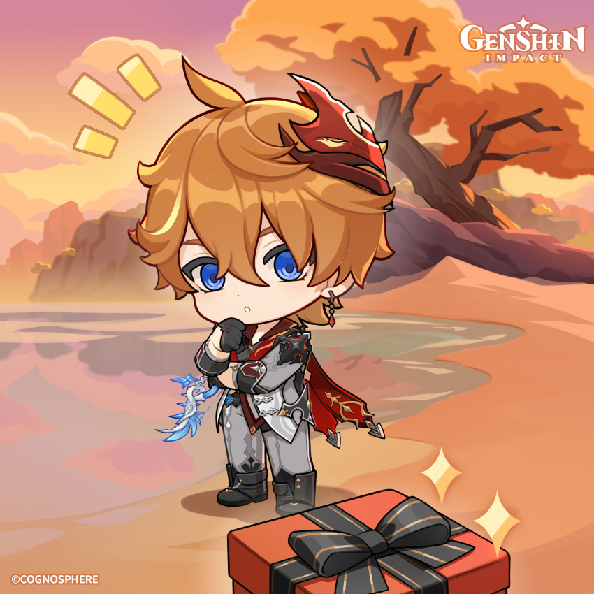 1boy absurdres beach black_footwear black_gloves blue_eyes boots bow_(weapon) box chibi earrings english_commentary evening genshin_impact gift gift_box gloves hair_between_eyes highres holding holding_bow_(weapon) holding_weapon jacket jewelry logo male_focus mask mask_on_head official_art orange_hair outdoors pants parted_lips red_mask red_scarf scarf single_earring solo standing tartaglia_(genshin_impact) water weapon