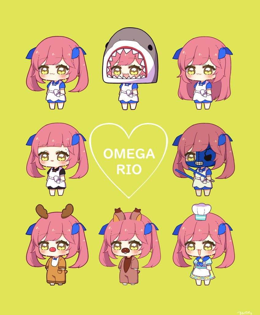 0725akaba 1girl :3 :d absurdres animal_costume animal_ears animal_hood antlers apron barefoot black_dress blue_dress blue_ribbon character_name chibi closed_mouth collared_dress dress fake_animal_ears fake_tail hair_ribbon heart highres holding hood long_hair multiple_views omega_rio omega_sisters parted_lips pink_hair puffy_short_sleeves puffy_sleeves red_nose reindeer_antlers reindeer_costume ribbon shark_hood sharp_teeth shirt short_sleeves sidelocks simple_background skirt smile striped striped_shirt tail teeth twintails vertical-striped_shirt vertical_stripes very_long_hair virtual_youtuber waist_apron white_apron white_dress yellow_background yellow_eyes
