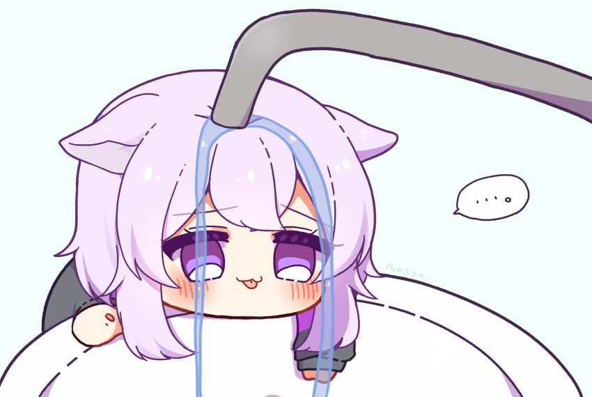 ... 0725akaba 1girl absurdres animal_ears blue_background blush cat_ears cat_under_faucet_(meme) chibi commentary_request faucet highres hololive meme nekomata_okayu nekomata_okayu_(1st_costume) partial_commentary purple_hair simple_background sink solo speech_bubble spoken_ellipsis tongue tongue_out upper_body violet_eyes virtual_youtuber water you're_doing_it_wrong