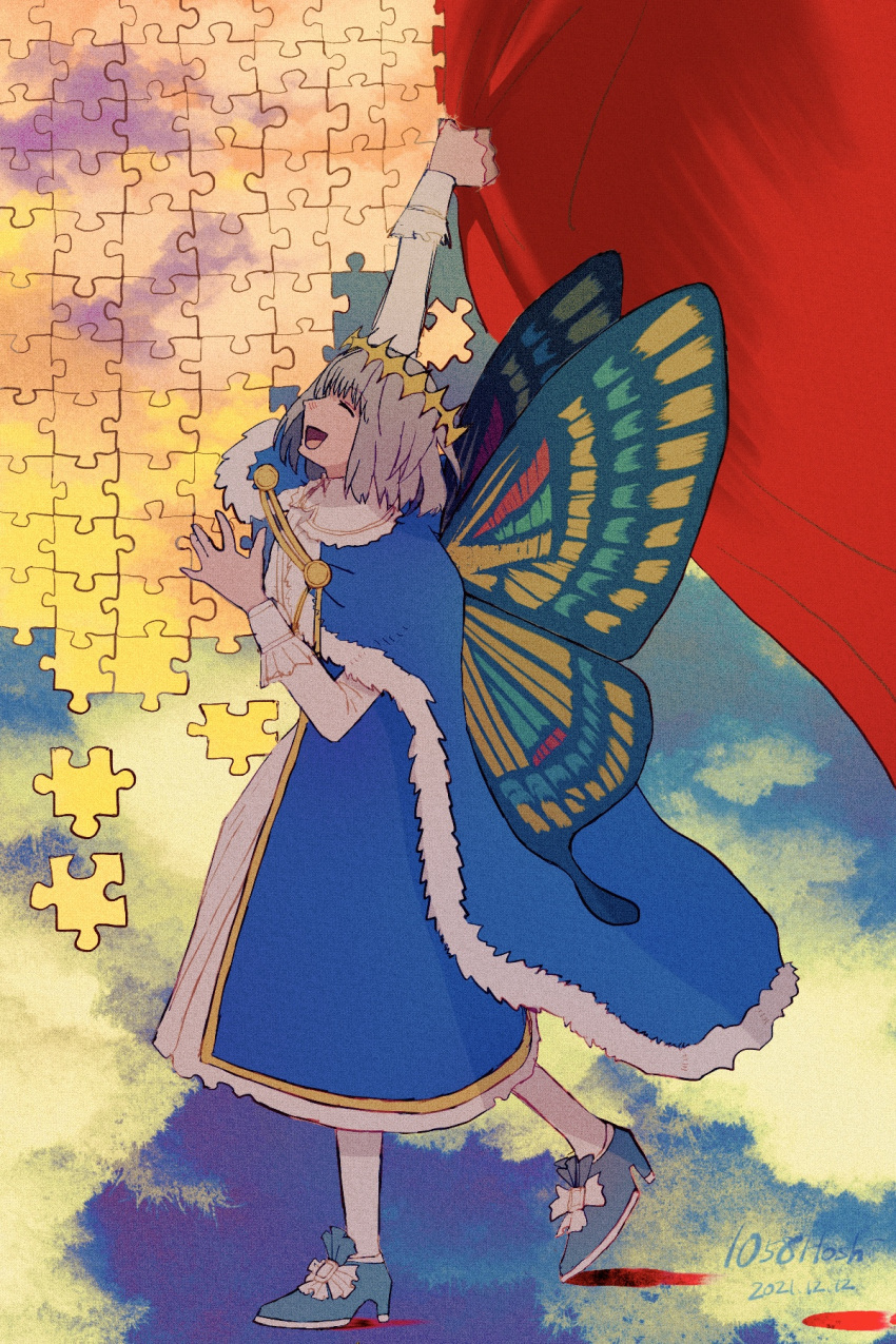 1058hoshi 1boy arthropod_boy blood blue_cloak butterfly_wings cloak closed_eyes crown curtains diamond_hairband fate/grand_order fate_(series) full_body fur-trimmed_cloak fur_trim grey_hair highres insect_wings long_sleeves male_focus medium_hair oberon_(fate) puzzle_piece smile solo wings
