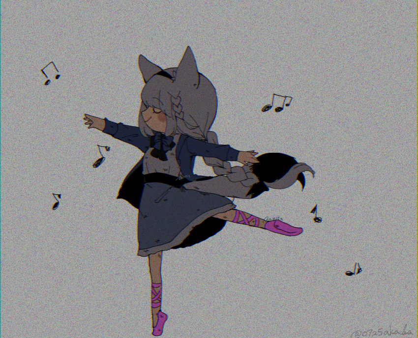 0725akaba 1girl animal_ear_fluff animal_ears beamed_eighth_notes black_bow blue_bow blue_jacket blush_stickers bow braid closed_eyes closed_mouth eighth_note fox_ears fox_girl fox_tail grey_background grey_skirt hololive jacket long_hair long_sleeves musical_note open_clothes open_jacket outstretched_arms pink_footwear profile shirakami_fubuki shirt shoes simple_background skirt sleeves_past_wrists solo standing standing_on_one_leg tail twitter_username very_long_hair virtual_youtuber white_hair white_shirt