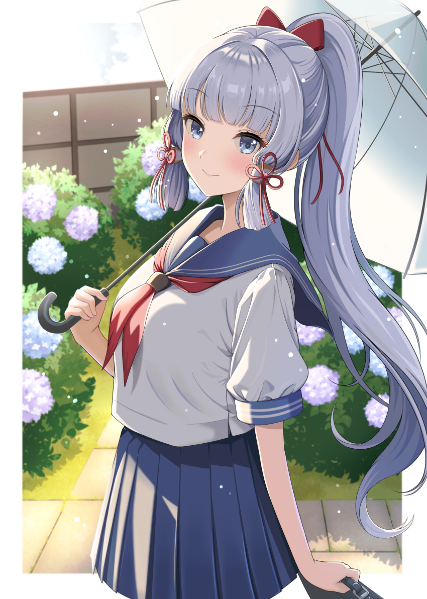 1girl absurdres alternate_costume bag blue_sailor_collar blue_skirt blunt_bangs blush border bow bush closed_mouth commentary flower genshin_impact hair_bow hair_ribbon highres holding holding_bag holding_umbrella kamisato_ayaka long_hair looking_at_viewer neckerchief outside_border pleated_skirt ponytail puffy_short_sleeves puffy_sleeves red_bow red_neckerchief red_ribbon ribbon sailor_collar school_uniform shirt short_sleeves skirt smile solo umbrella very_long_hair white_border white_hair white_shirt yashita_saki
