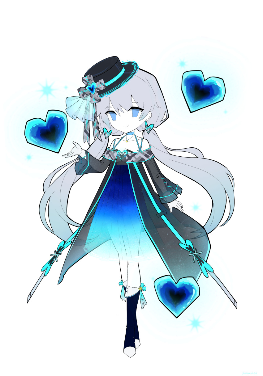 1girl absurdres adapted_costume black_headwear blue_dress blue_eyes blue_footwear boater_hat boots closed_mouth coat dress e.g.o_(project_moon) employee_(lobotomy_corporation) grey_coat grey_hair hand_up havent heart highres lobotomy_corporation long_hair low_twintails off-shoulder_coat off-shoulder_dress off_shoulder parody project_moon see-through_coat simple_background smile solo style_parody twintails very_long_hair white_background