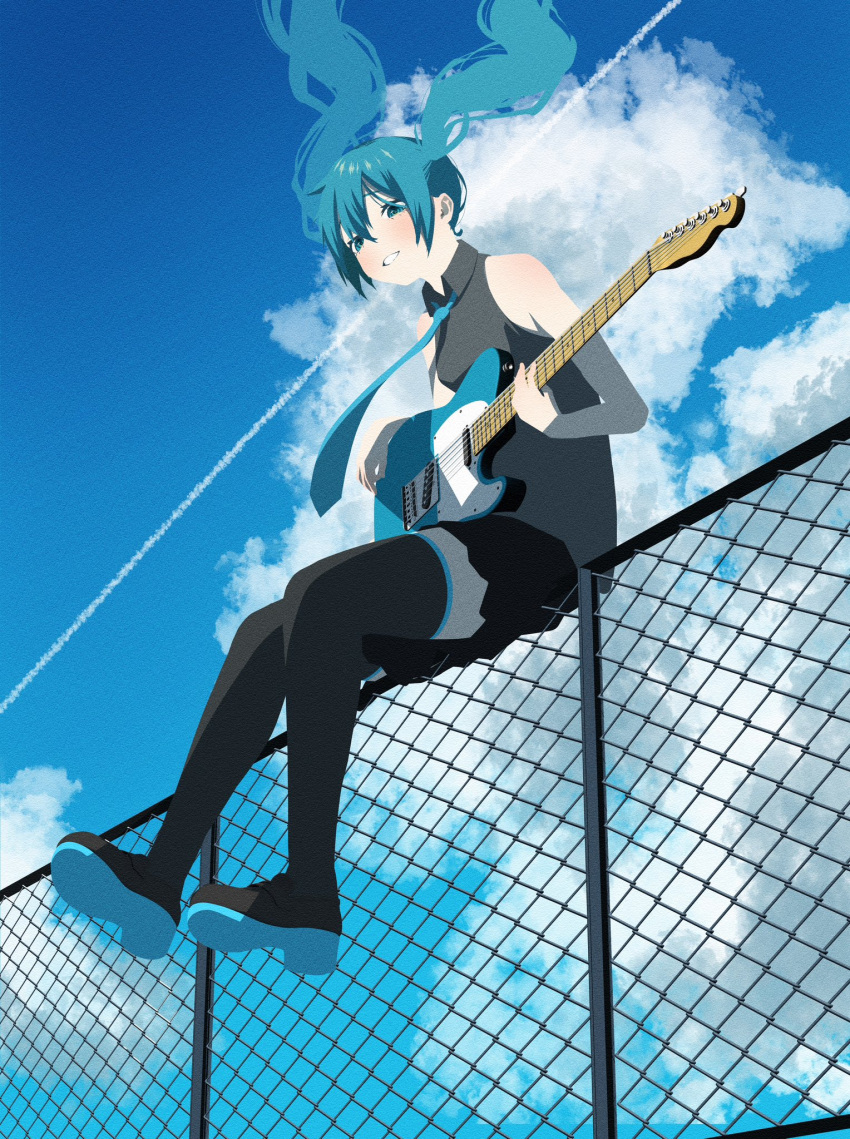 1girl aqua_eyes aqua_footwear aqua_hair aqua_necktie bare_arms bare_shoulders black_footwear black_shirt black_skirt black_thighhighs blue_sky blush boots clear_sky clouds cloudy_sky collared_shirt commentary_request electric_guitar fence floating_hair guitar hair_between_eyes hatsune_miku highres holding holding_instrument instrument long_hair looking_at_viewer music necktie noranucoo on_fence open_mouth outdoors playing_instrument pleated_skirt shirt shoes sidelocks sitting skirt sky sleeveless sleeveless_shirt smile swept_bangs teeth thigh-highs twintails two-tone_footwear vocaloid zettai_ryouiki