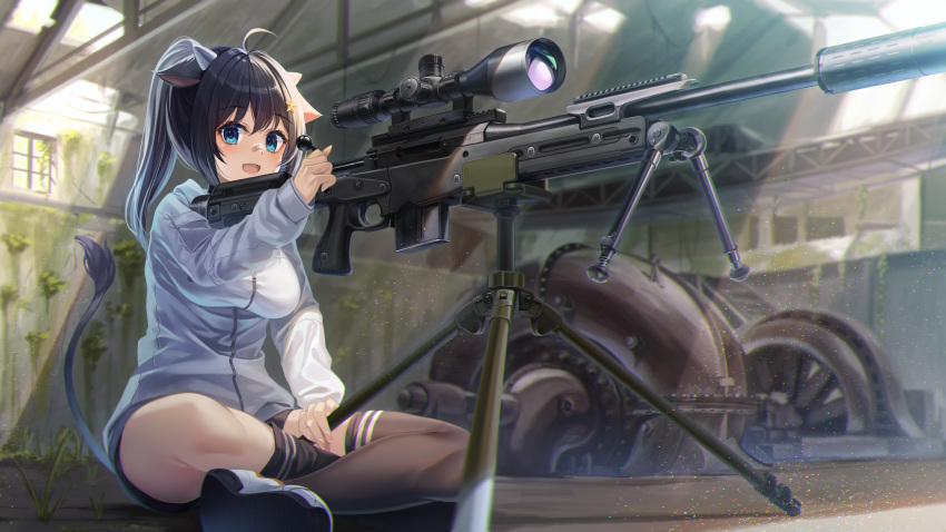 absurdres ahoge animal_ears asymmetrical_legwear bipod black_hair black_thighhighs blue_eyes breasts commission cow_ears cow_horns cow_tail enpera_(jdud8375) gun highres horns indian_style indoors large_breasts light_particles machinery open_mouth original ponytail rifle scope shoes sitting sneakers sniper_rifle suppressor tail thigh-highs tripod uneven_legwear weapon weapon_request