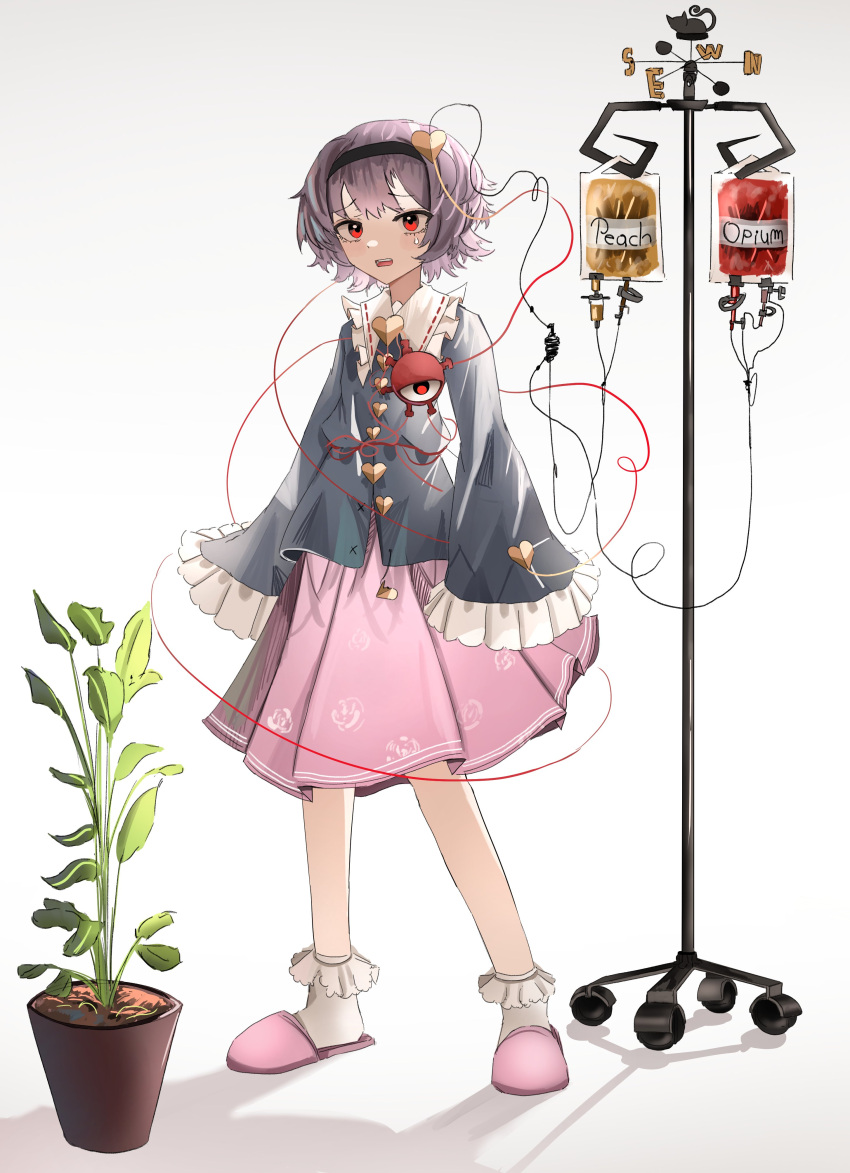 1girl absurdres black_hairband blue_shirt collared_shirt eyeball frilled_shirt_collar frilled_sleeves frills full_body hair_ornament hairband heart heart_hair_ornament highres komeiji_satori open_mouth ougiikun plant potted_plant purple_hair red_eyes shirt short_hair sleeves_past_fingers sleeves_past_wrists slippers socks solo standing third_eye touhou white_socks wide_sleeves