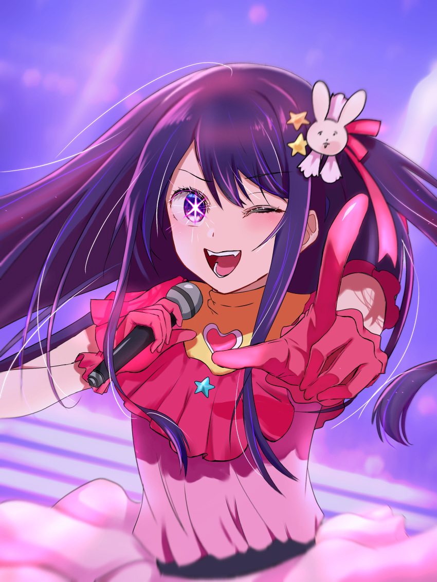 1girl ;d absurdres belt black_belt blurry blurry_background blush brooch commentary cowboy_shot dress fangs floating_hair frilled_dress frilled_gloves frills gloves hair_between_eyes hair_ornament hair_ribbon heart heart_brooch highres holding holding_microphone hoshino_ai_(oshi_no_ko) idol idol_clothes jewelry light_particles long_hair looking_at_viewer microphone multicolored_hair one_eye_closed one_side_up open_mouth oshi_no_ko pink_dress pink_gloves pink_hair pink_ribbon pointing pointing_at_viewer purple_hair rabbit_hair_ornament ribbon saina_(pixiv87171260) shadow sidelocks smile solo sparkling_eyes star_(symbol) star_hair_ornament streaked_hair teeth turtleneck_dress violet_eyes