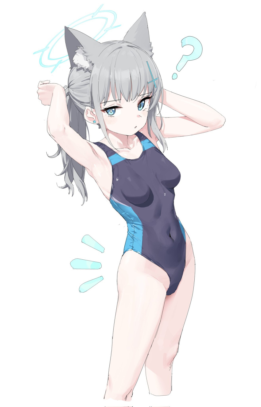 1girl 2t_(vmyz7342) ? animal_ears armpits arms_up blue_archive blue_eyes collarbone competition_swimsuit covered_navel cross_hair_ornament earrings grey_hair hair_ornament halo highres jewelry long_hair looking_at_viewer mismatched_pupils one-piece_swimsuit shiroko_(blue_archive) simple_background solo swimsuit white_background wolf_ears