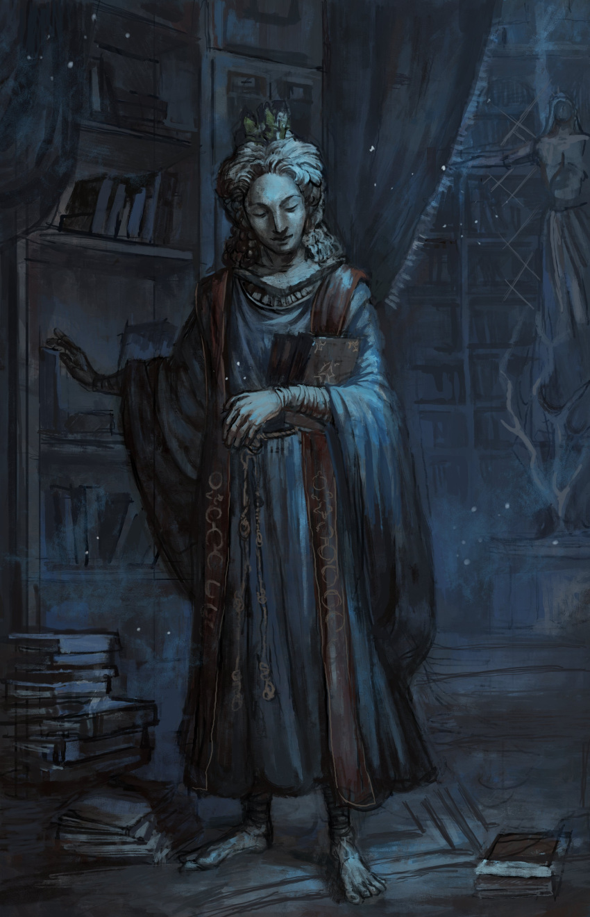 1girl absurdres barefoot blue_robe book book_stack bookshelf buriedinembers elden_ring hand_rest highres holding holding_book library looking_down night red_sash robe sash sorceress_sellen statue stone_mask witch