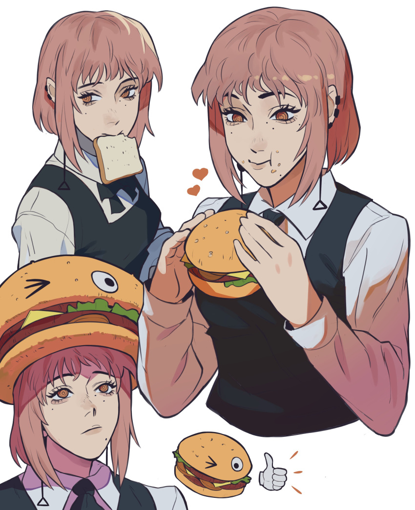 1girl absurdres andrei_(shidanasu) brown_hair burger_hat chainsaw_man dress earrings eating fami_(chainsaw_man) family_burger_mascot_(chainsaw_man) food food_in_mouth fourth_east_high_school_uniform heart highres jewelry looking_at_object looking_up mole mole_under_eye mole_under_mouth mouth_hold multiple_moles one_eye_closed pinafore_dress ringed_eyes school_uniform short_hair simple_background sleeveless sleeveless_dress tassel tassel_earrings thumbs_up toast toast_in_mouth white_background