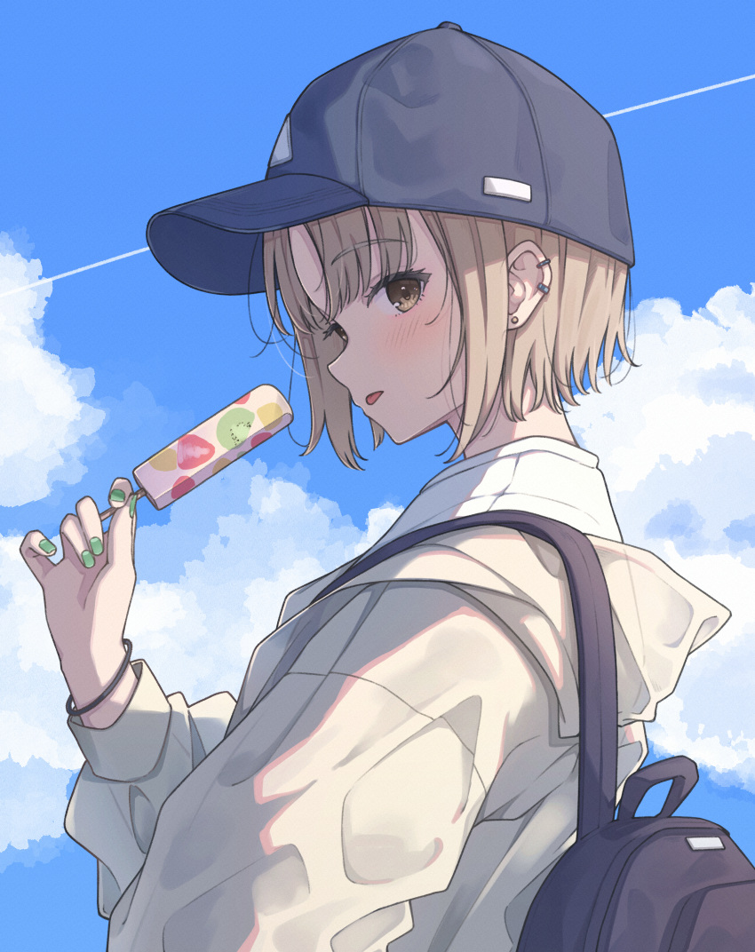 1girl :p absurdres arm_at_side backpack bag baseball_cap blue_headwear blue_sky blush bracelet brown_eyes clouds cloudy_sky contrail day ear_piercing earclip earrings ene_mizunoawa food from_side green_nails hand_up hat highres holding holding_food holding_ice_cream hood hood_down hooded_jacket ice_cream ice_cream_bar jacket jewelry long_bangs long_sleeves nail_polish nijisanji open_mouth outdoors parted_lips piercing raised_eyebrows shirt short_hair sidelocks sister_cleaire sky sleeve_cuffs solo stud_earrings tongue tongue_out upper_body virtual_youtuber white_jacket white_shirt