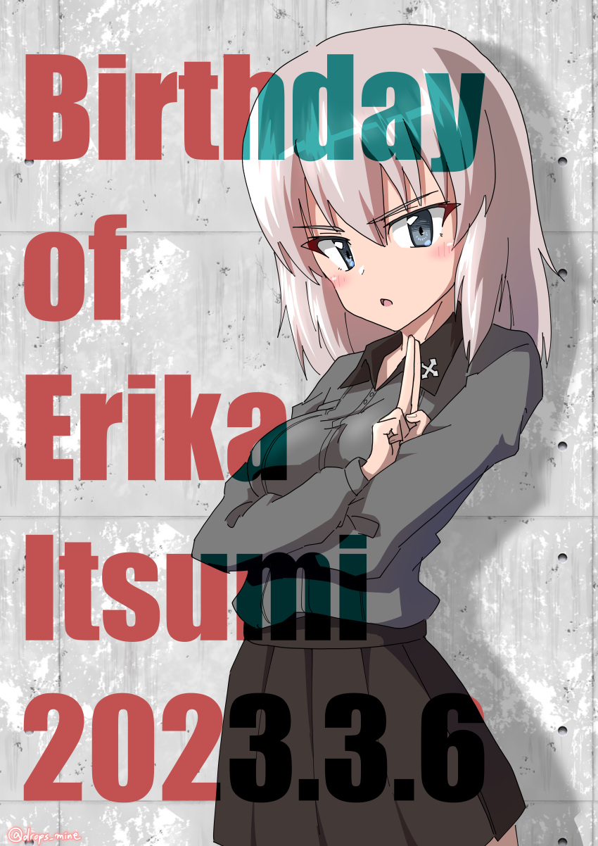 1girl absurdres birthday black_skirt blue_eyes blush character_name commentary dated dress_shirt drops_mint english_text foreground_text frown girls_und_panzer grey_hair grey_shirt highres insignia itsumi_erika kuromorimine_school_uniform long_sleeves looking_at_viewer medium_hair miniskirt open_mouth pleated_skirt salute school_uniform shadow shirt skirt solo standing two-finger_salute wing_collar
