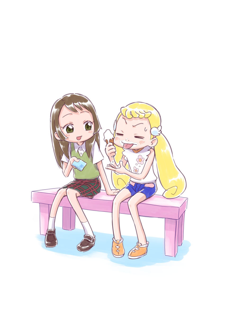 2girls absurdres blonde_hair blue_shorts blush brown_footwear closed_eyes collared_shirt commentary_request floral_print food food_on_face full_body green_eyes green_vest highres holding holding_food holding_ice_cream ice_cream ice_cream_on_face ijuin_sachiko itou_shin'ichi loafers long_hair looking_at_another makihatayama_hana multiple_girls ojamajo_doremi open_mouth orange_footwear plaid plaid_skirt shirt shoes short_bangs short_sleeves shorts simple_background sitting sitting_on_bench skirt smile socks sweatdrop tissue tongue tongue_out twintails vest white_background white_shirt white_socks wing_hair_ornament