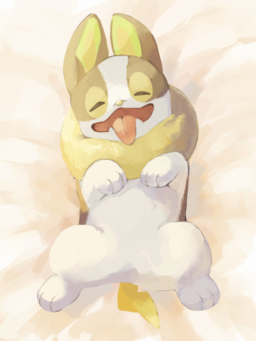 :3 absurdres animal_focus bed_sheet closed_eyes commentary_request dakimakura_(medium) dog facing_viewer fangs from_above full_body happy highres katamuki lying neck_fur no_humans on_back open_mouth orange_background partial_commentary pokemon pokemon_(creature) skin_fangs smile solo spread_legs tongue tongue_out yamper