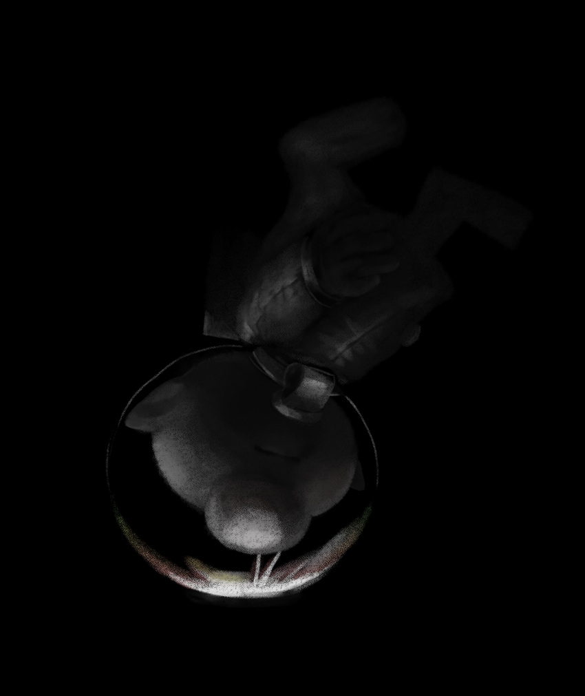 1boy absurdres alien big_nose black_background check_commentary commentary commentary_request dark_background from_below greyscale helmet highres iat-418 light_particles monochrome olimar pikmin_(series) pointy_ears space_helmet spacesuit upside-down whistle