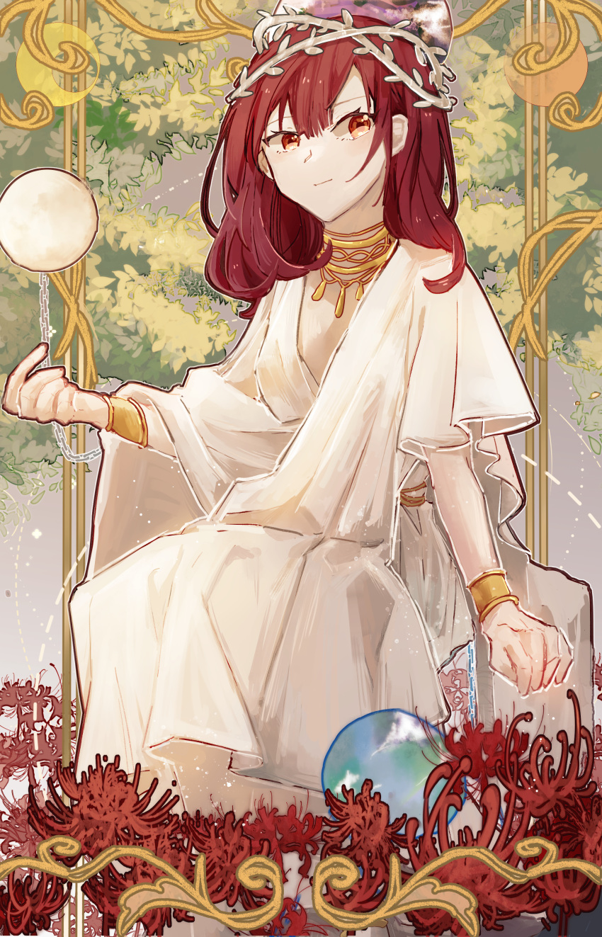 1girl absurdres earth_(ornament) flower greek_clothes hecatia_lapislazuli highres laurel_crown medium_hair moon_(ornament) outdoors red_eyes red_flower redhead short_sleeves smile solo spider_lily touhou underworld_(ornament) user_hcmp3752