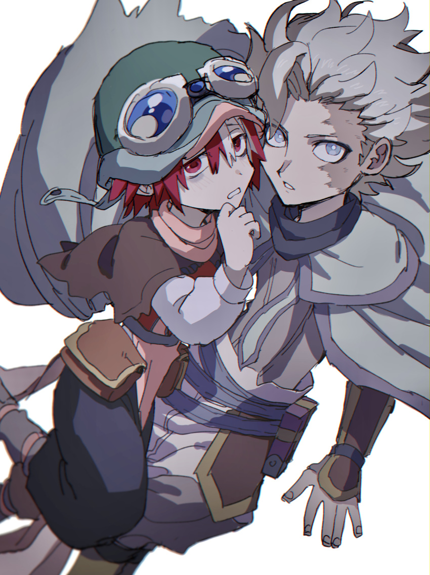 1boy 1girl absurdres bags_under_eyes belafu_(human) blue_eyes bright_pupils brown_capelet burn_scar cape capelet goggles goggles_on_headwear grey_cape highres kometubu0712 long_sleeves looking_at_viewer made_in_abyss multicolored_hair parted_lips puffy_pants red_eyes redhead scar scar_on_face short_hair spiky_hair vueko white_background white_hair white_pupils