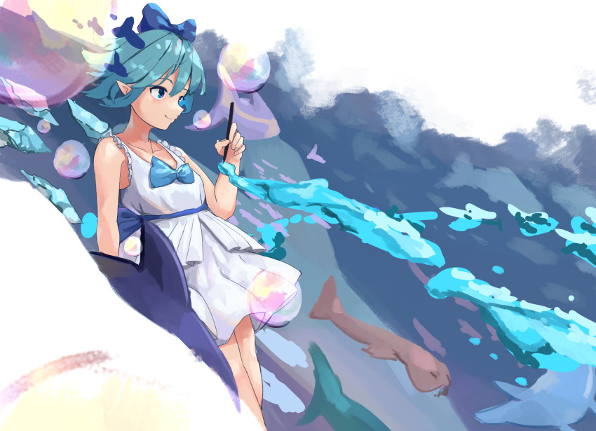 1girl blue_bow blue_eyes blue_hair bow cirno closed_mouth commentary detached_wings english_commentary fish hair_bow highres holding holding_paintbrush ice ice_wings paintbrush pointy_ears shirt short_hair skirt sleeveless sleeveless_shirt smile solo touhou vanilla_flan white_shirt white_skirt wings