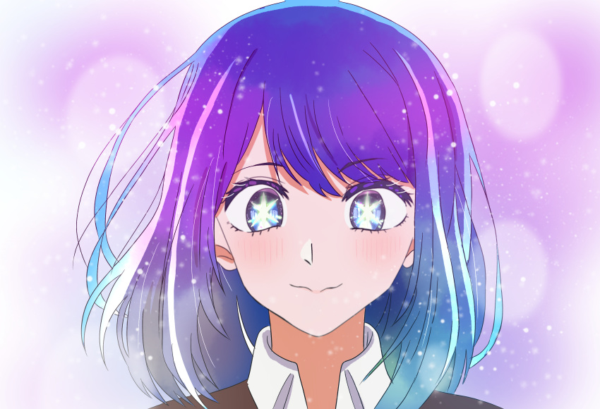 1girl absurdres blue_eyes blue_hair closed_mouth collared_shirt commentary_request eastman gradient_hair hair_between_eyes highres kurokawa_akane light_particles looking_at_viewer making-of_available medium_hair multicolored_hair oshi_no_ko portrait purple_hair shadow shirt smile solo star-shaped_pupils star_(symbol) symbol-shaped_pupils white_shirt