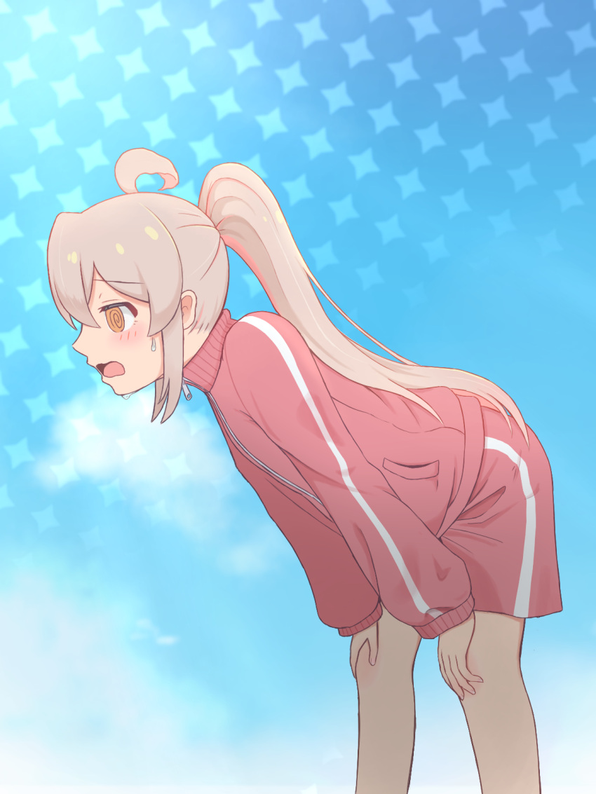 1girl @_@ ahoge bare_legs bent_over blue_sky blush clouds commentary exhausted from_side grey_hair hair_between_eyes hands_on_own_knees highres jacket k-d long_hair long_sleeves onii-chan_wa_oshimai! open_mouth orange_hair oyama_mahiro ponytail shorts sky solo sweat track_jacket track_uniform wavy_mouth zipper_pull_tab