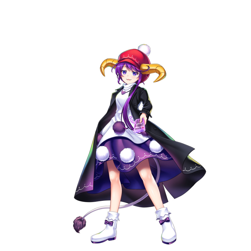 1girl :3 adapted_costume asymmetrical_hair black_coat cabbie_hat coat controller doreking doremy_sweet doremy_sweet_(kaiju_of_dreams_and_mysteries) dress full_body game_cg half-closed_eyes hat heart heart_necklace highres jewelry looking_at_viewer multicolored_clothes multicolored_dress necklace open_clothes open_coat pom_pom_(clothes) purple_dress purple_hair red_headwear remote_control rotte_(1109) simple_background solo tail tapir_tail third-party_source touhou touhou_lost_word turtleneck violet_eyes white_background white_dress white_footwear yellow_horns